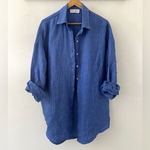 Casual Blue Linen Women's Blouse